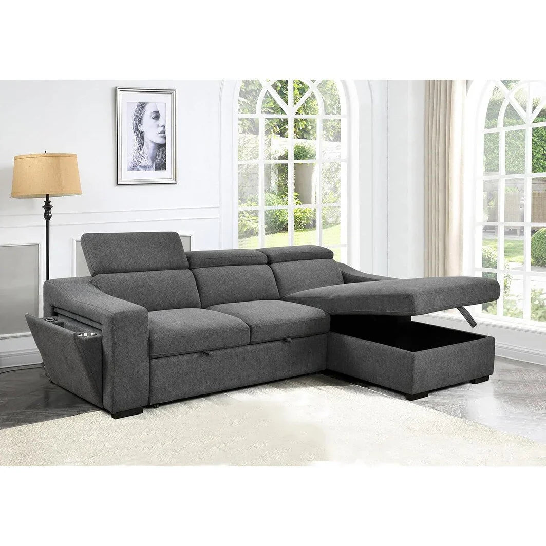Divano sezionale convertibile Roomfitters 103 con chaise longue contenitore, poggiatesta regolabili, divano angolare letto a L, grigio scuro