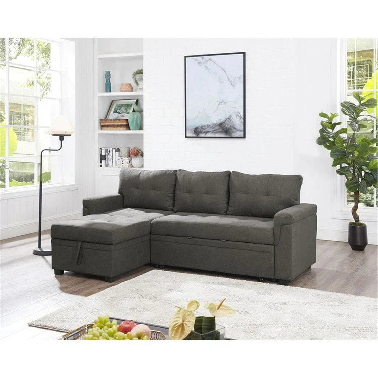 Divano componibile convertibile reversibile con letto estraibile, chaise longue con contenitore nascosto e gambe durevoli