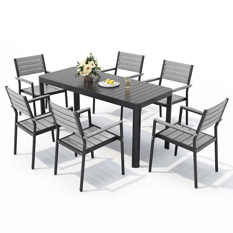 Set da Pranzo da Esterno a 5/7 Pezzi per Patio con Sedie Impilabili in Alluminio e Tavolo Allungabile
