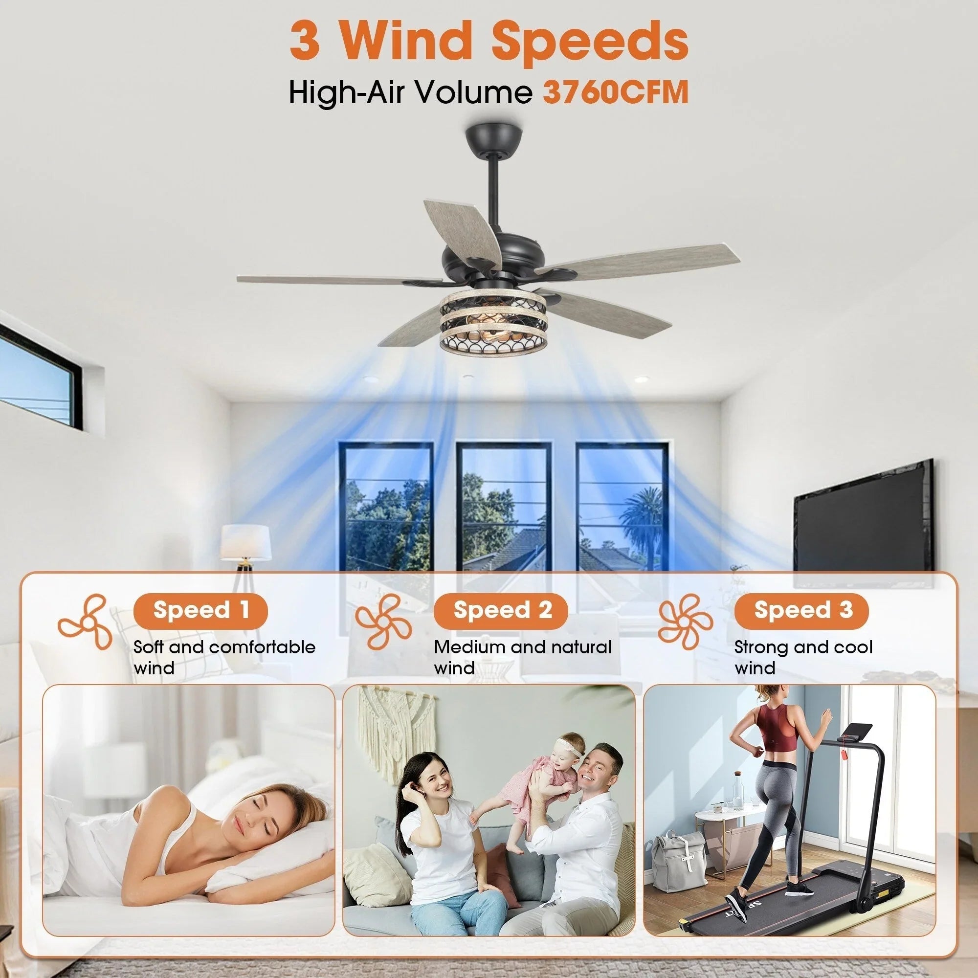 Ventilatore da soffitto da 52 pollici Farmhouse Driftwood a 5 pale, nero, con gabbia, con telecomando