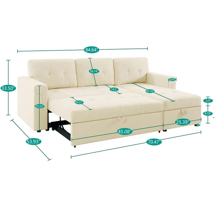 Divano componibile convertibile reversibile con letto estraibile, chaise longue con contenitore nascosto e gambe durevoli