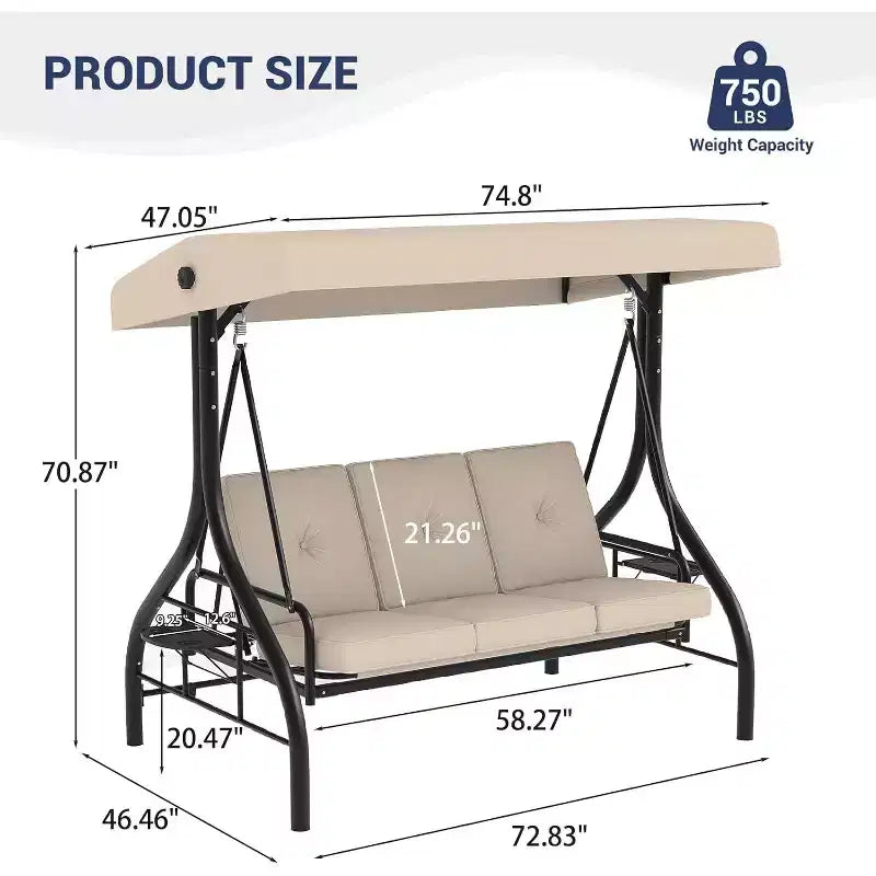 Dondolo da Esterno 2 in 1 Convertibile a 3 Posti con Tettuccio Regolabile, Letto a Dondolo da Patio con Struttura, Cuscini Spessi e Portabicchieri, per Cortile, Giardino, Portico