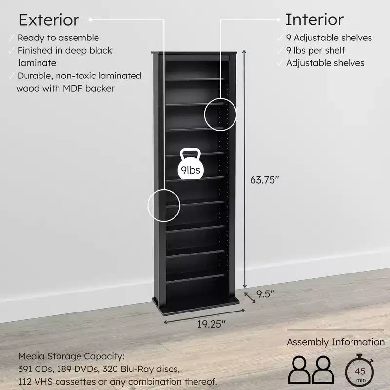 Black: Mid-Century Modern Media Storage Cabinet, Adjustable Shelves, Holds 391 CDs