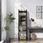 69.8" Tall Farmhouse Media Tower Bookshelf – Reclaimed Oak, 6 Shelves & Cabinet