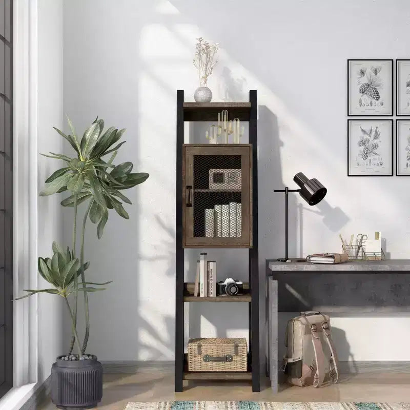 69.8" Tall Farmhouse Media Tower Bookshelf – Reclaimed Oak, 6 Shelves & Cabinet
