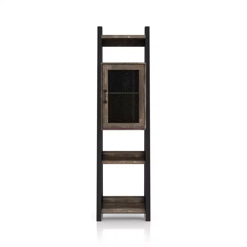 69.8" Tall Farmhouse Media Tower Bookshelf – Reclaimed Oak, 6 Shelves & Cabinet