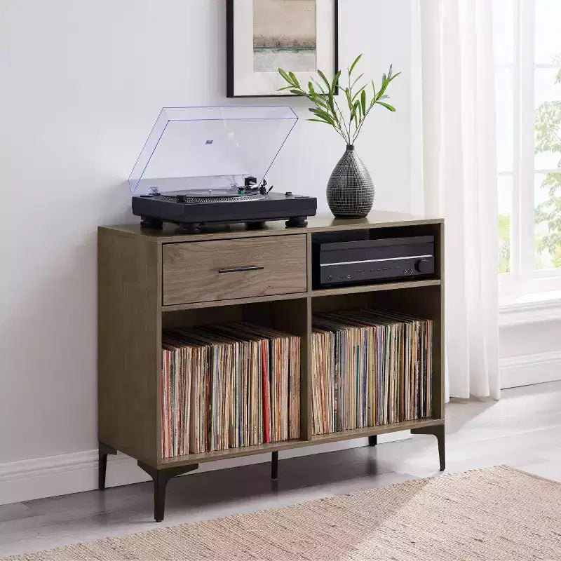 40" Vinyl Record Storage Media Console – Walnut, Holds 200 Records