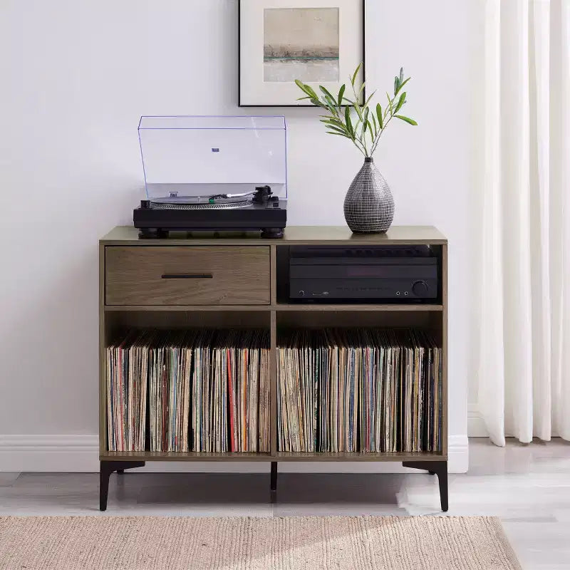 40" Vinyl Record Storage Media Console – Walnut, Holds 200 Records