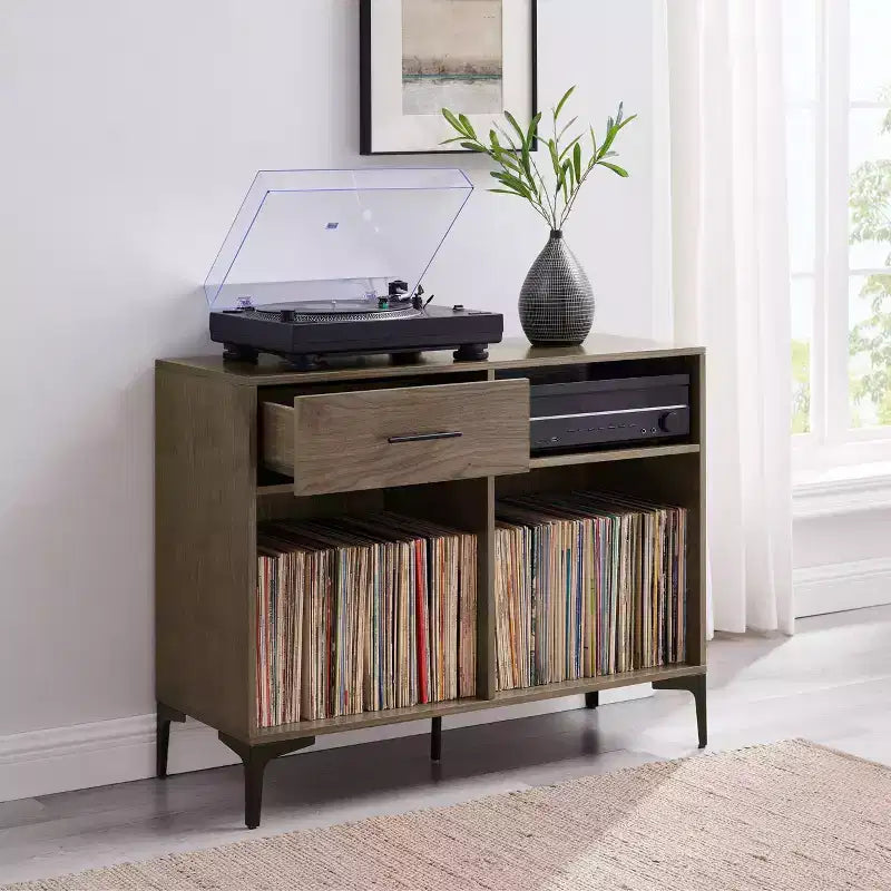 40" Vinyl Record Storage Media Console – Walnut, Holds 200 Records