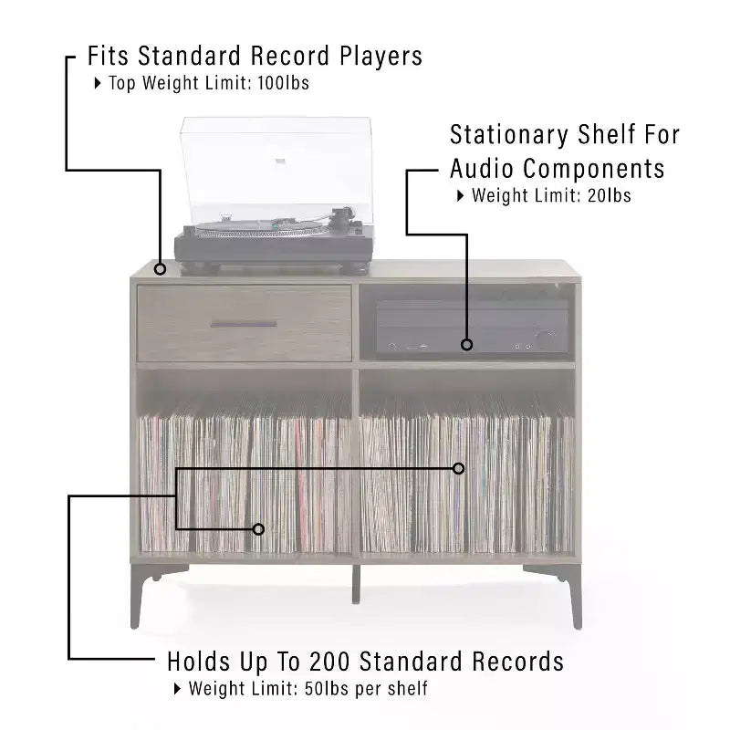 40" Vinyl Record Storage Media Console – Walnut, Holds 200 Records