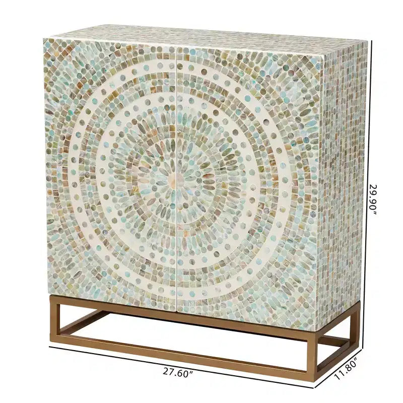 Mother of Pearl Mosaic Storage Cabinet – White & Gold, Bohemian, No Assembly