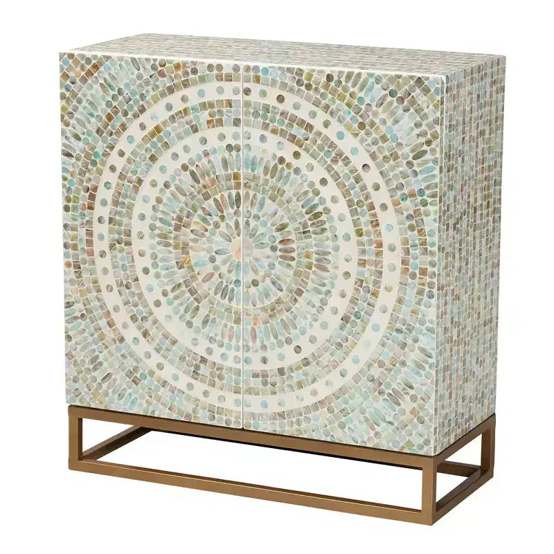 Mother of Pearl Mosaic Storage Cabinet – White & Gold, Bohemian, No Assembly