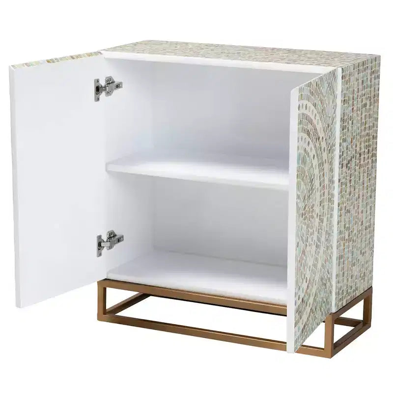 Mother of Pearl Mosaic Storage Cabinet – White & Gold, Bohemian, No Assembly