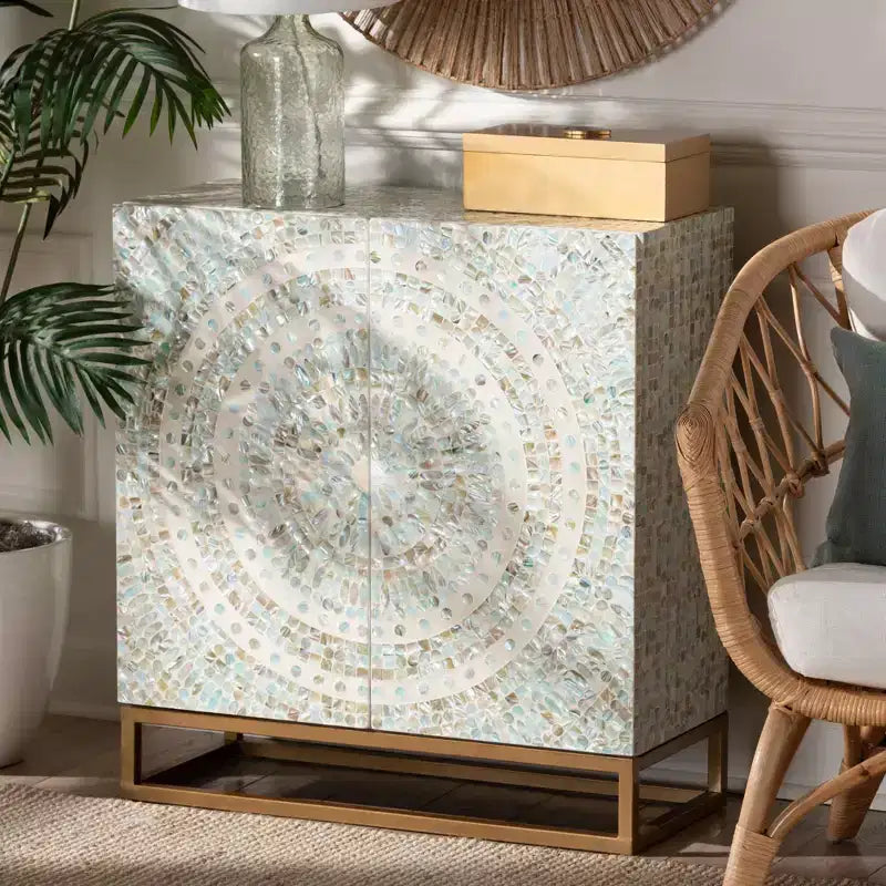 Mother of Pearl Mosaic Storage Cabinet – White & Gold, Bohemian, No Assembly