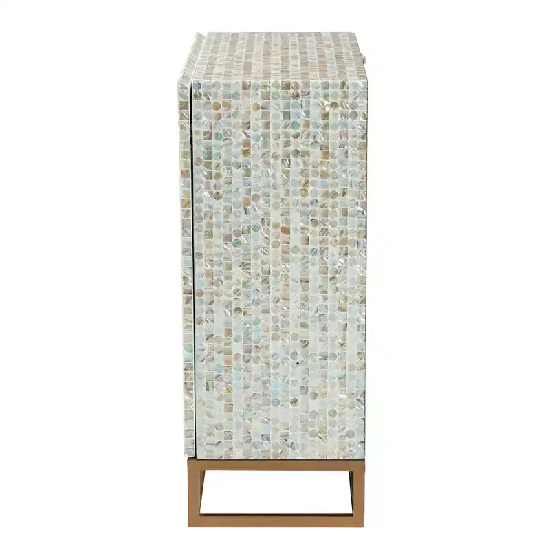 Mother of Pearl Mosaic Storage Cabinet – White & Gold, Bohemian, No Assembly