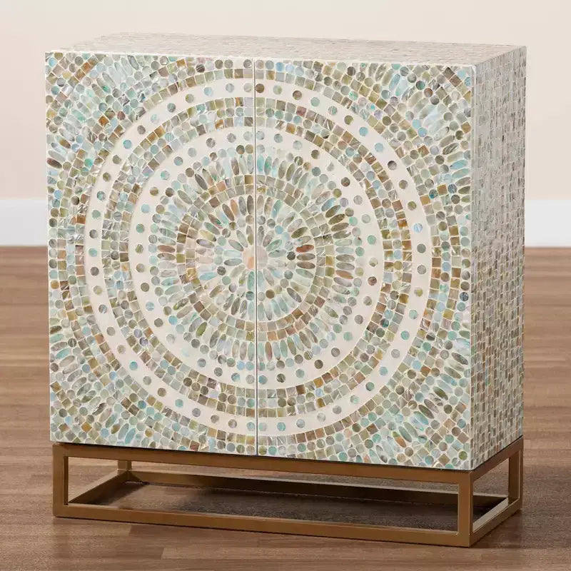 Mother of Pearl Mosaic Storage Cabinet – White & Gold, Bohemian, No Assembly