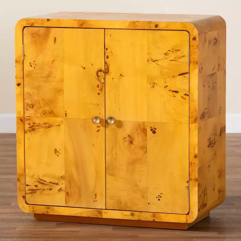 Real Burl Wood Storage Cabinet – Light Mappa Burl, Fully Assembled, 2 Shelves