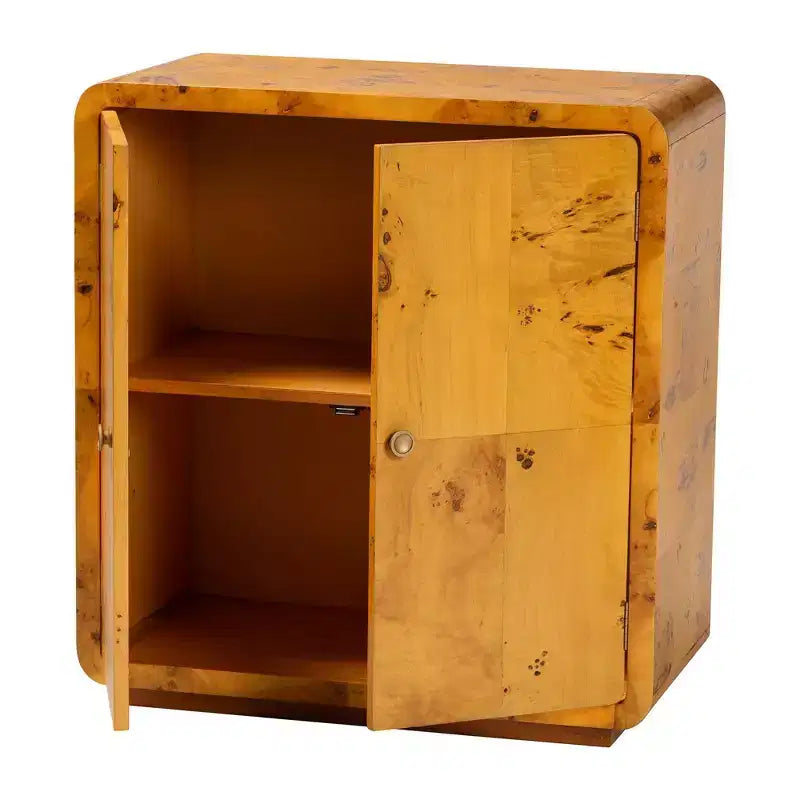 Real Burl Wood Storage Cabinet – Light Mappa Burl, Fully Assembled, 2 Shelves
