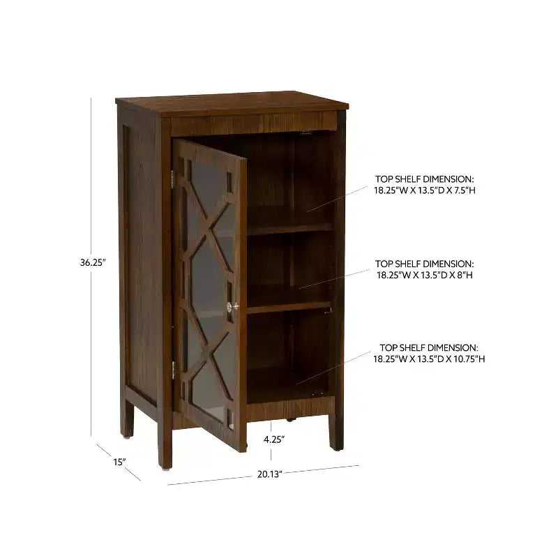 Small Cabinet with Tempered Glass Door – Brown, 3 Shelves, 20" Wide