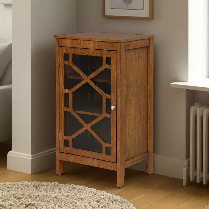 Small Cabinet with Tempered Glass Door – Brown, 3 Shelves, 20" Wide