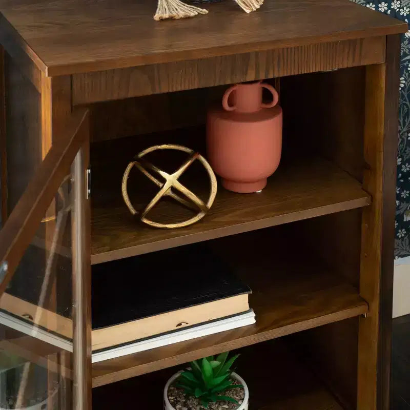 Small Cabinet with Tempered Glass Door – Brown, 3 Shelves, 20" Wide