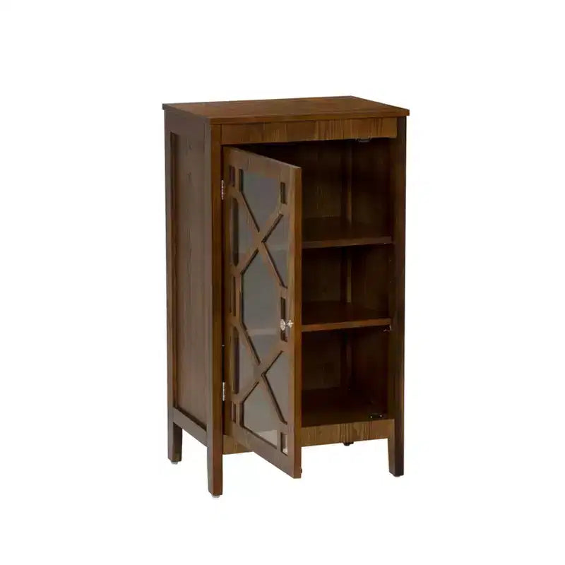 Small Cabinet with Tempered Glass Door – Brown, 3 Shelves, 20" Wide