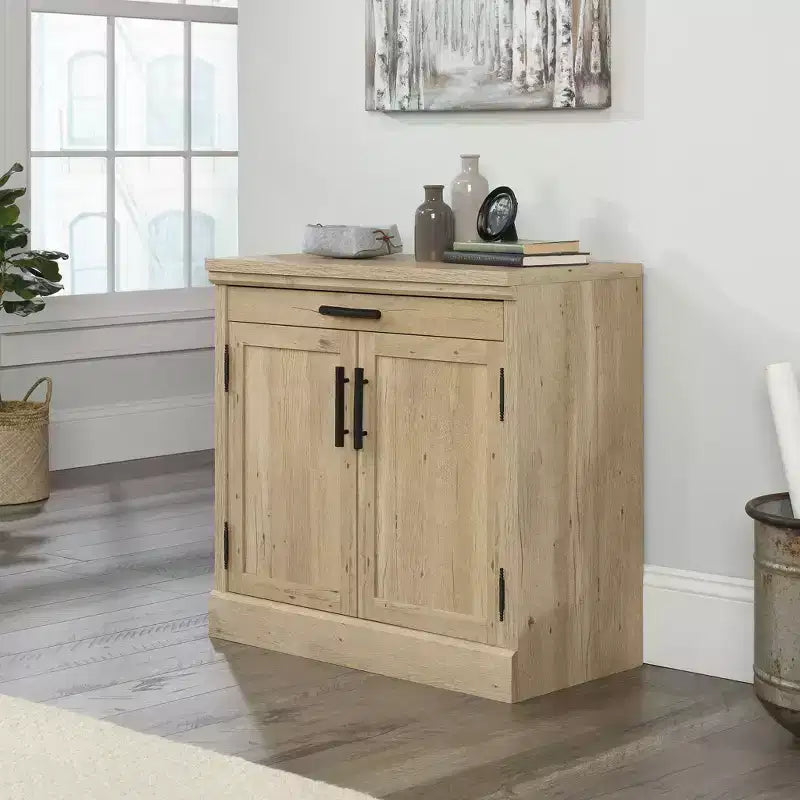 2 Door Library Cabinet Prime Oak: Farmhouse Style, Adjustable Shelves, MDF Frame