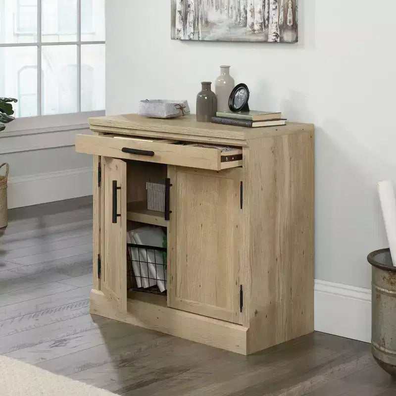 2 Door Library Cabinet Prime Oak: Farmhouse Style, Adjustable Shelves, MDF Frame