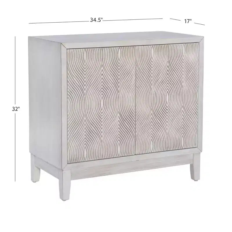 2-Door Accent Cabinet with Swirl Cutout Doors – Antique White, Art Deco Style