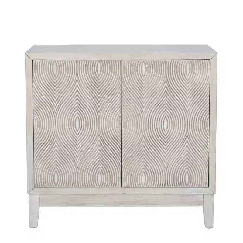 2-Door Accent Cabinet with Swirl Cutout Doors – Antique White, Art Deco Style