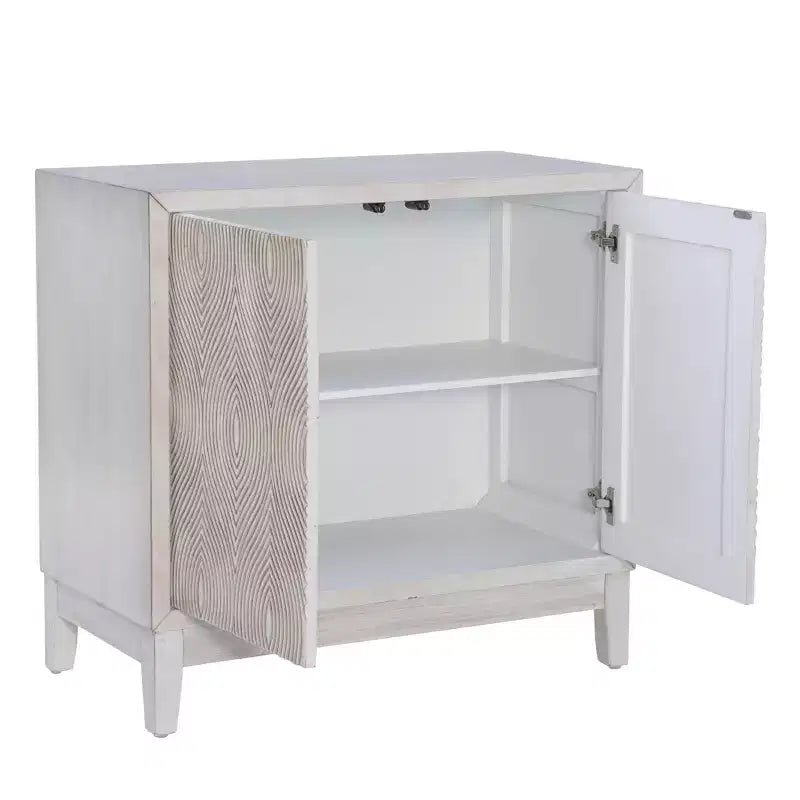 2-Door Accent Cabinet with Swirl Cutout Doors – Antique White, Art Deco Style