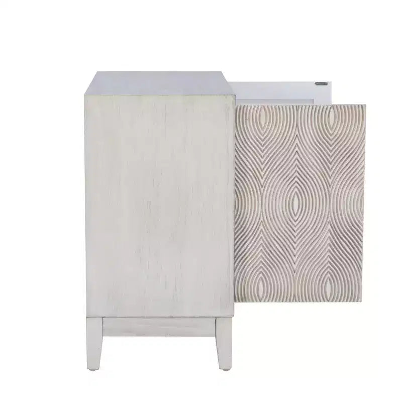 2-Door Accent Cabinet with Swirl Cutout Doors – Antique White, Art Deco Style