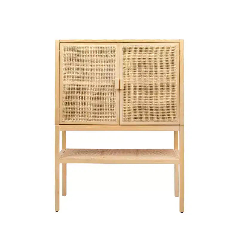 47" Tall Woven Rattan 2-Door Storage Cabinet – Natural Pine, Bohemian Style