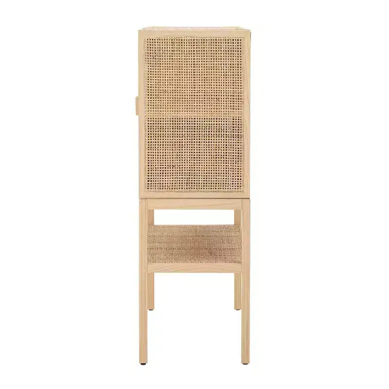 47" Tall Woven Rattan 2-Door Storage Cabinet – Natural Pine, Bohemian Style