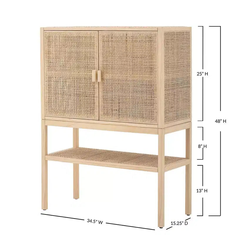 47" Tall Woven Rattan 2-Door Storage Cabinet – Natural Pine, Bohemian Style