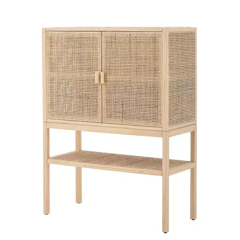47" Tall Woven Rattan 2-Door Storage Cabinet – Natural Pine, Bohemian Style