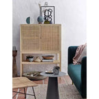 47" Tall Woven Rattan 2-Door Storage Cabinet – Natural Pine, Bohemian Style