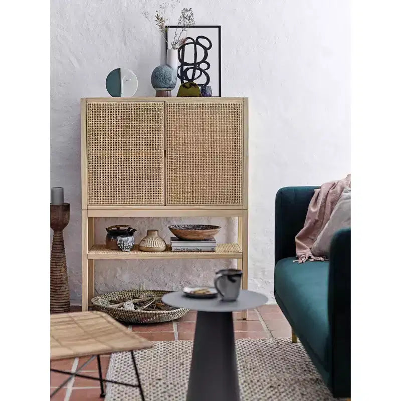 47" Tall Woven Rattan 2-Door Storage Cabinet – Natural Pine, Bohemian Style
