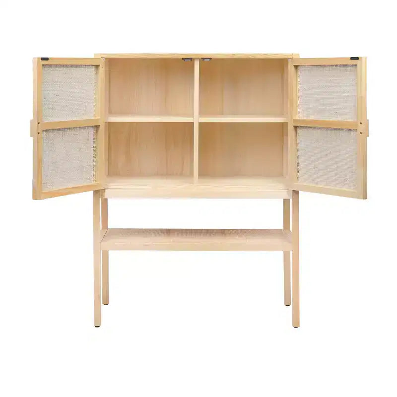 47" Tall Woven Rattan 2-Door Storage Cabinet – Natural Pine, Bohemian Style