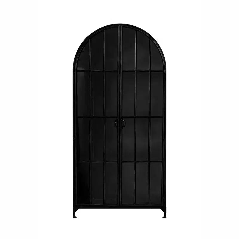 76" Tall Arched 2-Door Glass Storage Cabinet – Black Iron Frame