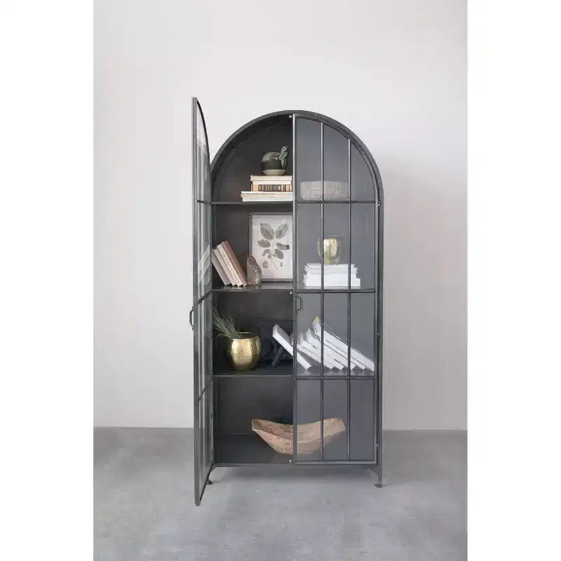 76" Tall Arched 2-Door Glass Storage Cabinet – Black Iron Frame