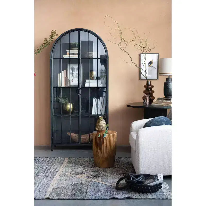 76" Tall Arched 2-Door Glass Storage Cabinet – Black Iron Frame