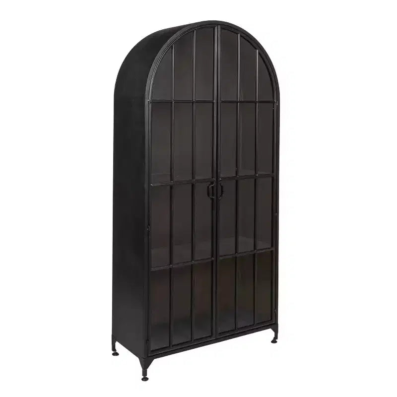 76" Tall Arched 2-Door Glass Storage Cabinet – Black Iron Frame