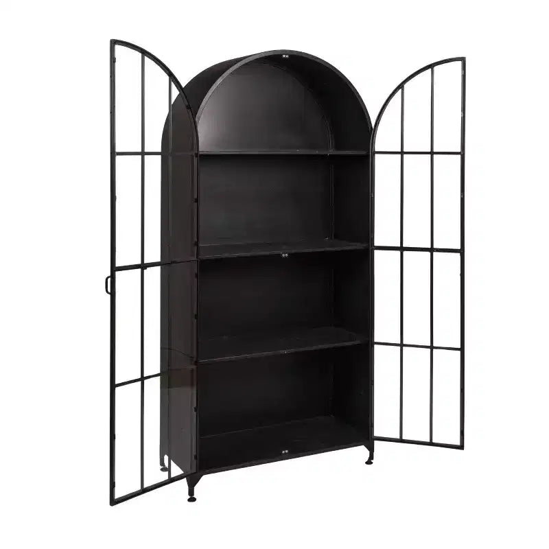 76" Tall Arched 2-Door Glass Storage Cabinet – Black Iron Frame