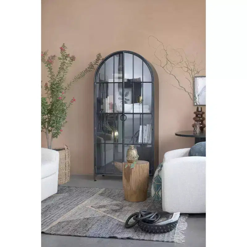 76" Tall Arched 2-Door Glass Storage Cabinet – Black Iron Frame