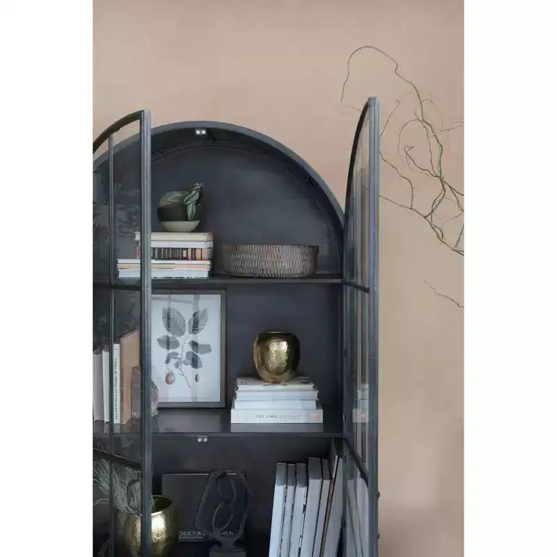76" Tall Arched 2-Door Glass Storage Cabinet – Black Iron Frame