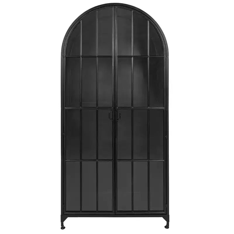 76" Tall Arched 2-Door Glass Storage Cabinet – Black Iron Frame