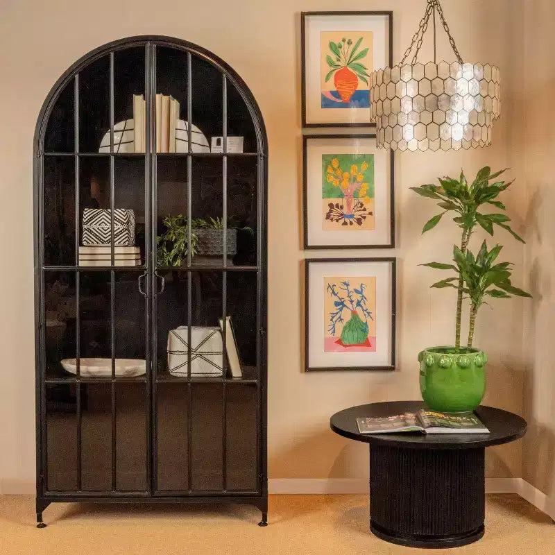 76" Tall Arched 2-Door Glass Storage Cabinet – Black Iron Frame