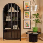 76" Tall Arched 2-Door Glass Storage Cabinet – Black Iron Frame