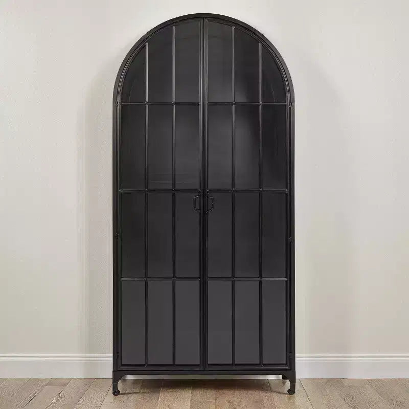 76" Tall Arched 2-Door Glass Storage Cabinet – Black Iron Frame